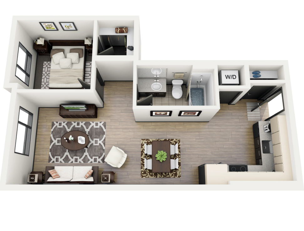 Floor plan for 1 bed, 1 bath, 658 sqft